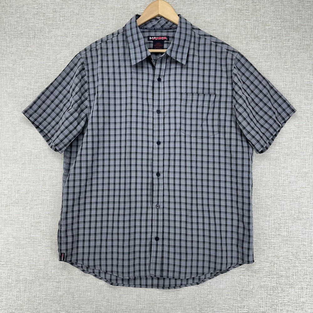 Tony Hawk Shirt Mens XL Gray Check Plaid Modal Blend Short Sleeve Button Up